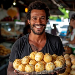 Young man holding a plate with brazilian cheese bread - pao de queijo on hands