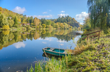 Beautiful views of the river Berounka a Wooden boats in the autumn season