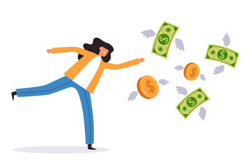 Businessman loss money fly away finance risk concept. Vector flat cartoon illustration