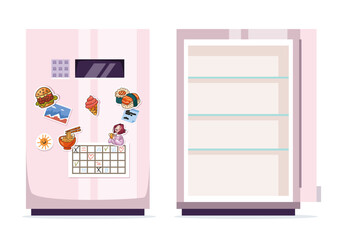 Fridge refrigerator open close freezer isolated concept set. Vector graphic design element illustration