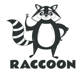 Cartoon cute raccoon black logo isolated concept. Vector flat graphic design illustration