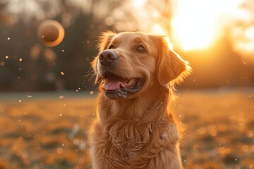 A majestic golden retriever, belonging to the sporting group, eagerly chases after a vibrant yellow ball in an outdoor setting, showcasing its innate athleticism and love for play
