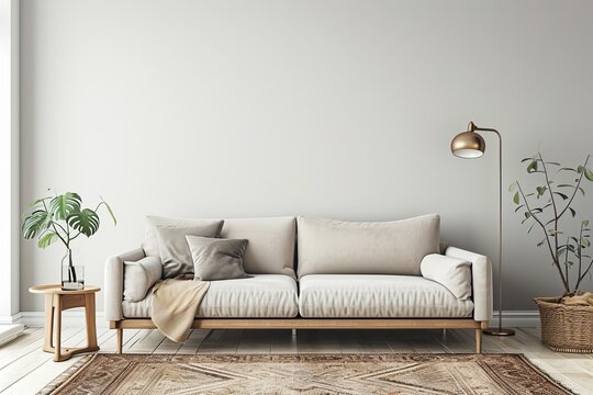 Cozy living room in a minimalist Scandinavian style with a sofa, pillows and a chair nearby and with light gray walls.