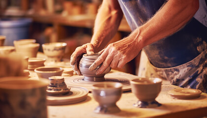 Making ceramic, pottery from clay, craftsperson, artist creating ware in workshop, handmade product