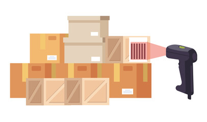 Barcode scanner scanning box label information data. Cargo delivery sale concept. Vector flat cartoon graphic design isolated icon illustration - obrazy, fototapety, plakaty
