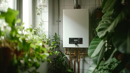 Modern home boiler and heating system installation with organized piping - obrazy, fototapety, plakaty