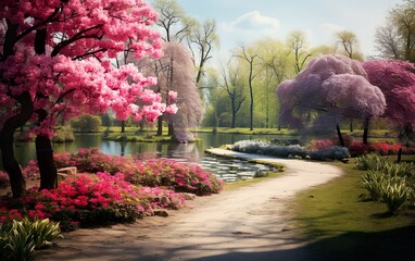 Beautiful garden. Park in The Spring. Spring landscape - obrazy, fototapety, plakaty