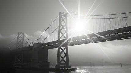 The sun's rays create a stunning flare over a grayscale image of a suspension bridge, highlighting its grandeur and elegance.