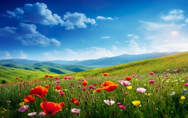 Beautiful spring landscape with colorful wildflower