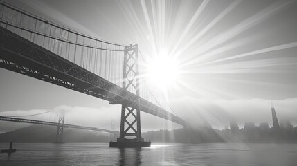The sun casts a breathtaking sunburst behind a suspension bridge, with the city skyline faintly visible in the background, in grayscale tones.