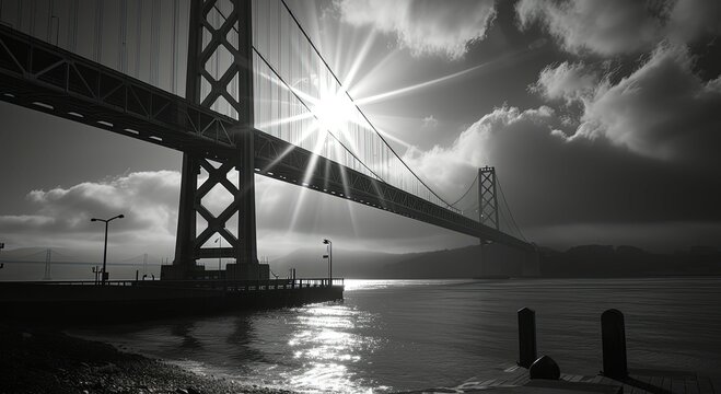 Sunburst streams through the structure of a bridge in a black and white photograph, creating a striking interplay of light and shadows.