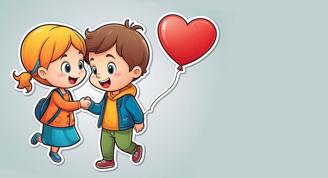 Children. Boy and girl. Heart. Balloon. Valentine's Day. The 14th of February. Valentine's Day. Birthday. March 8. Postcard. Card. International Women's Day.