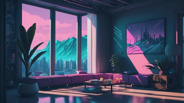 loop animation, virtual backgrounds, stream overlay, live wallpaper. interior, cozy futuristic living room at sunset, vtuber asset zoom OBS screen, chill anime lo-fi hip hop