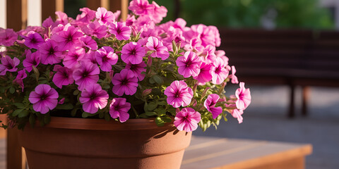 Petunia in a flower pot on a blurred background on a sunny day