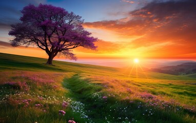 Colorful spring sunrise on meadow