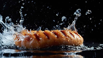 Sausage with water splash isolated on black background, close up