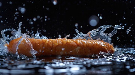 Sausage in water with splash, isolated on black background