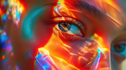 Creative portrait of a girl through a kaleidoscope or stained glass window. Surreal refraction, multifaceted, bright, colorful reflection on the face.