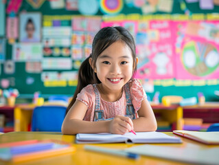 Asian girl kindergarten student sits and writes note in the classroom, Education in schools in the Asian zone, Classroom in kindergarten.