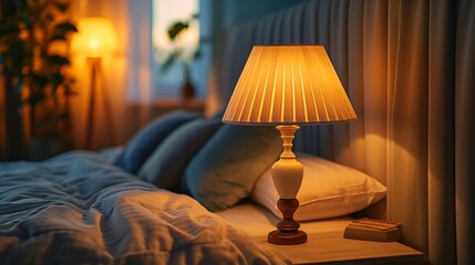 Feel the comfort of home with a warm lamp lighting a cozy bedroom at dusk