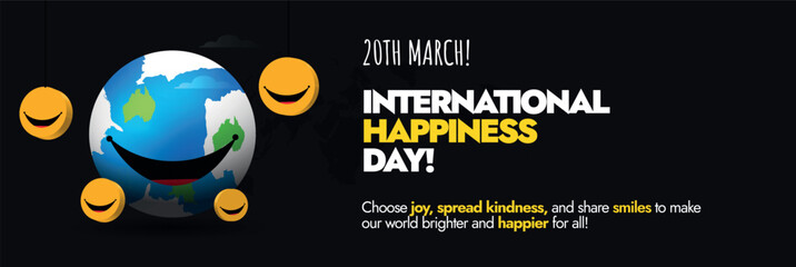 International day of Happiness. 20th March International Happiness day cover banner, card with smiling earth globe and different smiling, happy yellow emojis. Smile and spread happiness. Happy world. 