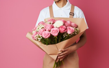 Delivery man holding bouquet of flowers on pink backgound