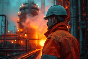 Obraz premium A determined blue-collar worker, dressed in protective workwear and donning a hard hat, stands proudly in front of a factory, embodying the resilience and hardworking spirit of the industry