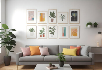 A modern living room with a sofa adorned with colorful pillows and a wall decorated ai generated