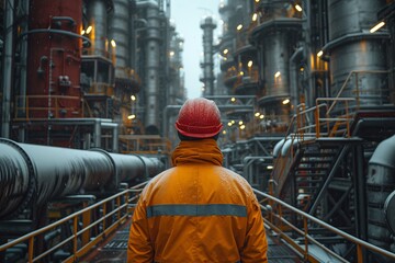 A rugged blue-collar worker, donning a bright yellow jacket and protective helmet, strides confidently through the industrial factory, surrounded by towering pipes and buildings as he embodies the ha