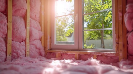 Home renovation with pink insulation and a window showcasing greenery outside - obrazy, fototapety, plakaty