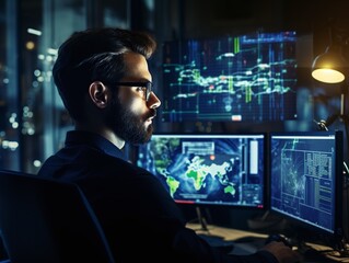 Focused Male Cybersecurity Expert Analyzing Data on Multiple Computer Monitors in a Dark Office Room at Night with Graphs and World Map Displays