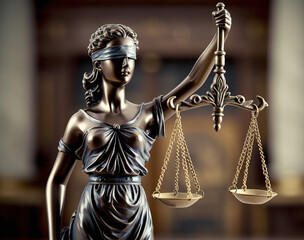 Close-Up of Lady Justice Statue with Golden Scales Symbolizing Fairness, Law, and Legal System