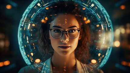 Hi-tech eyeglass, attractive woman wearing high technology glasses with Data line icon on eyeglasses and voice assistance function, generative ai - obrazy, fototapety, plakaty