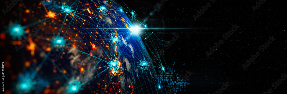 Poster ai powered world network concept, communication technology for internet business. global world netwo