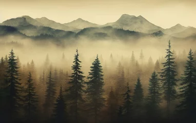 Poster Misty mountain landscape with fir forest in vintage © Stormstudio