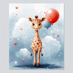 Jolie petite girafe avec des ballons illustrée à l'aquarelle