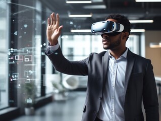 Innovative Technology Expert in Virtual Reality Headset Engaging with Futuristic Interface in Modern Office Space