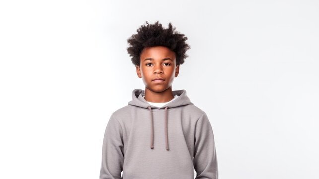 photo portrait of a handsome young black African afro American model teen boy looking forward. child ad with copy space, cute, kids, children