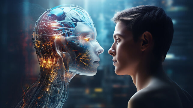 Human and Artificial Intelligence Fusion Concept with a Lifelike Robot and a Real Person Facing Each Other Highlighting the Integration of Advanced Technology and Biological Life