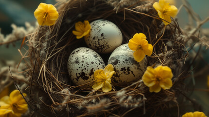 Beautiful eggs in a nest with yellow flowers.  - Powered by Adobe