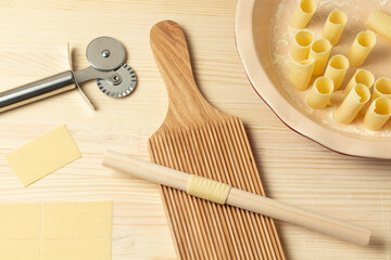 Making fresh rigatoni pasta at home. Top view.