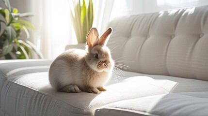 Adorable Fluffy Beige Easter Bunny Sitting on a Soft Gray Rug in a Bright Modern Home Interior with Stylish Furniture and Warm Natural Light Filtering through Sheer Curtains Creating a Serene and Welc