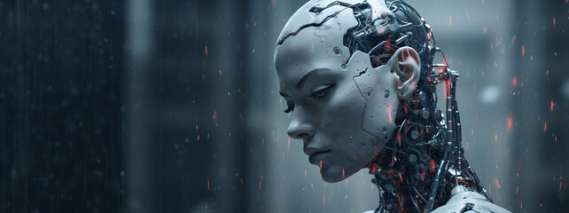 Close-Up View of an Advanced Humanoid Robot Head with Exposed Internal Mechanisms and Circuitry Under Rain Signifying Futuristic Artificial Intelligence Technology