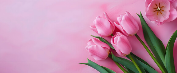 Obraz premium Beautiful composition spring flowers. Bouquet of pink tulips flowers on pastel pink background. Valentine's Day, Easter, Birthday, Happy Women's Day, Mother's Day. Flat lay, top view, copy space