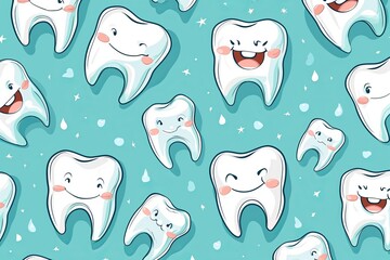 Funny seamless images of small and large teeth and everything related to dentistry, dental care concept and international dentist day celebration