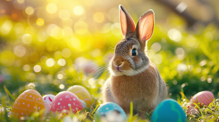 Fototapeta na wymiar Enchanting Easter Delight Adorable Bunny Amidst Vibrant Egg Hunt in Sunlit Spring Meadow