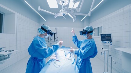 The operating room doctor and a nurse are both in white surgical suits, wearing VR headsets scanning the virtual body of a patient working intently, determined to find a way to cure the patient