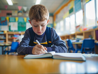 British boy kindergarten student sits and writes note in the classroom, Education in schools in the Europe zone, Classroom in kindergarten.