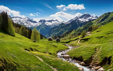 Mountain landscape in the Alps with blooming meadow - obrazy, fototapety, plakaty