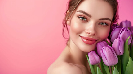 Obraz premium Glowing Fresh-Faced Young Woman Embracing Spring with a Bouquet of Purple Tulips, Radiant Beauty and Wellness on a Delicate Pink Background